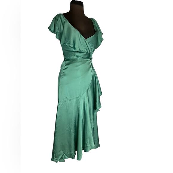 Anthropologie Green Satin Ruffle Wrap Coquette Feminine Midi Maxi Dress XXS NWT - Picture 8 of 12